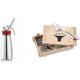 iSi Sahnespender 500ml, Gourmet Whip Plus, 0.5 Liter & WMF Steakbesteck 12-teilig, Steakbesteck Set für 6 Personen, Steakmesser Set, Steakgabel, Cromargan Edelstahl poliert, Grillbesteck in Holzkiste