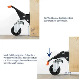 HMF 6750 Schwerlastrollen absenkbar für Werkbank | 4 Stück | 76 mm bis 400 kg | Polyurethan, Schwarz