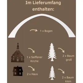 Weigla - Figurenset 8 TLG. original Erzgebirge I Motiv Seiffen weiß/braun I Figurenset für Dekosockel I detailreiche Holzkunst I Weihnachtsdeko mit Seiffener Kirche, Häuschen, Bäumen & Bogen