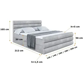altdecor Boxspringbett mit Fußteil, H4 Matratze und Topper - 160x200 cm - CELESTIA-Z - Hellgrau Samt - Polsterbett mit Bettkasten und Lattenrost, ... - Hellgrau
