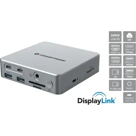 Conceptronic Dock USB-C->2xHDMI 2xUSB-C 4xUSB-A DP GbE LAN - Silber