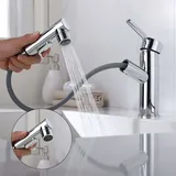 Ymyny - Crediri Badezimmerarmatur mit ausziehbarer Brause – Drei-Auslauf-Waschtischarmatur – Praktischer Gurgelhahn, Chrom