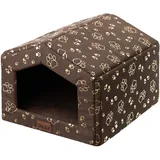 DOGGY Hundehütte – Hundehöhle mit Kissen - Winterfest Wasserdicht Wetterfester – Warm Hundehaus - Katzenhaus Für Draußen - Haustiere Kleine Hund Katze 46x50x38 cm - Braun mit Pfoten