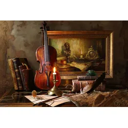 Fototapete PAPERMOON "Photo-Art ANDREY MOROZOV, STILLLEBEN MIT VIOLINE UND MALEREI", bunt, B:3,00m L:2,23m, Vlies, Tapeten