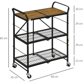 Homcom Rollwagen Klappbarer Küchenwagen, Servierwagen mit 3 Ebenen, Griff, Küchenregal auf 4 Rollen für Esszimmer, Wohnzimmer, Stahl,