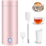 Elektrische Wasserkocher, 400ml Kleiner Tragbarer Heizbecher Sicheres 304 aus rostfreiem Stahl Mini-Thermoskanne 300W Reise-Wasserkocher 4-5 Minuten Schnelle Kochen für Tee, Milch, Kaffee (Rosa)