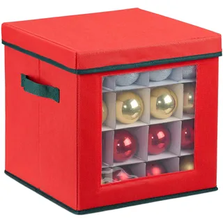 Relaxdays Weihnachtskugel Aufbewahrungsbox, für 64 Kugeln, HxBxT: 30 x 30 x 30 cm, Vlies, Pappe, Kugelkiste, rot/grün