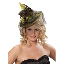 Rubie ́s Kostüm Grüner Hexenhut Haarclip, Eleganter Mini-Spitzhut mit Federn und Tüllschleier grün