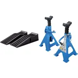 cartrend 10639 PKW Auffahrrampen-Set 3 Tonnen, bis 235 mm, Hebebühne, Kunststoff KFZ Rampe, mit Überfahrschutz, 2 Stück & BGS Unterstellböcke | Traglast 2000 kg/Paar | Hub 268-418 mm | 1 Paar