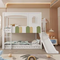 Etagenbett Kinderbett 90200 Cm Hausförmiger Rahmen Mit Fenstern, Unregelmäßiges Mehrfarbiges Geländerdesign, Mit Rutsche Und Sicherheitsleiter, Hochbett, Weiß