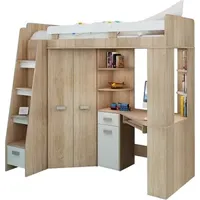 FurnitureByJDM Hochbett mit Schreibtisch, Schubladen, Regalen und Kleiderschrank – ANTRESOLA (Eiche Sonoma/Weiß, Links)