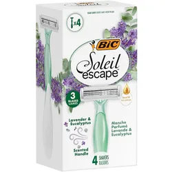 BIC Soleil Escape 3-Klingen-Einweg-Rasierer für Damen mit Lavendel & Eukalyptus, Feuchtigkeitsstreifen mit Mandelöl – 4er Box 4 St