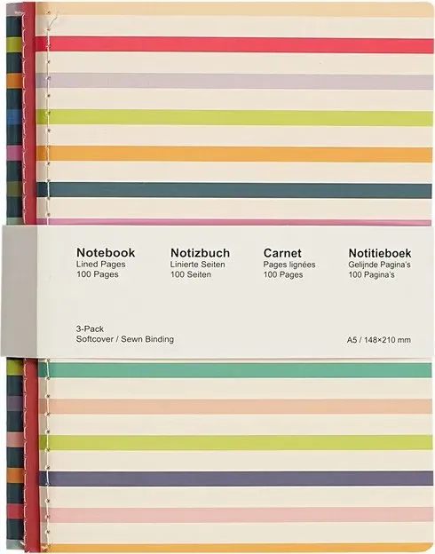 Jubiluu A5 Softcover 3er-Pack Stitch Notizbuch – 50 Blatt (80 g/m2 Offsetpapier) – Klassisches Notizbuch in Creme, liniert, für Schule, Büro, Journaling oder alltägliche Notizen – Streifen-Mix