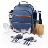 Sunflora Picknick Rucksack Set 2 Personen mit Isoliertem Kühlung und Decke, Picknickkorb 2 Personen für Familie Camping Outdoor(Blau & Streifen)