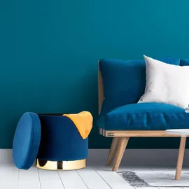 Relaxdays Samthocker mit Stauraum, rund, eleganter Polsterhocker, modern, Samt Sitzhocker, H x D 41,5 x 37 cm, blau/Gold