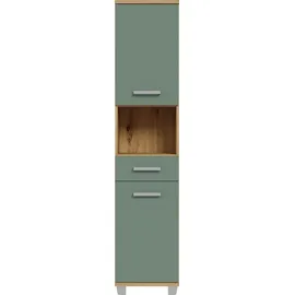 Forte VERIS Badschrank 40, hoher Badezimmerschrank mit 2 Türen, 1 Schublade und 1 offenem Fach, Holzwerkstoff, Salbei mit Artisan Eiche Holzdekor, 40,2 cm breit x 186,8 cm hoch x 34,8 cm tief