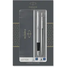 Parker Jotter Duo-Geschenkset mit Kugelschreiber und Füller | Edelstahl mit Chromzierteilen | Nachfüllmine und -patronen mit blauer Tinte Geschenkbox