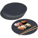 Relaxdays Schieferplatte 6er Set, runde Servierplatte, Durchmesser 25 cm, Servieren von Käse, Sushi, Desserts, schwarz