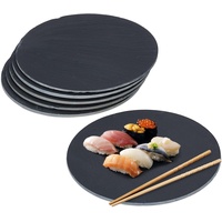 Relaxdays Schieferplatte 6er Set, runde Servierplatte, Durchmesser 25 cm, Servieren von Käse, Sushi, Desserts, schwarz