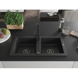 Mexen Mario 2-Becken-Granitspüle mit Mischbatterie Rita, Schwarz/Silbermetallic - 6504-73-670300-70-B