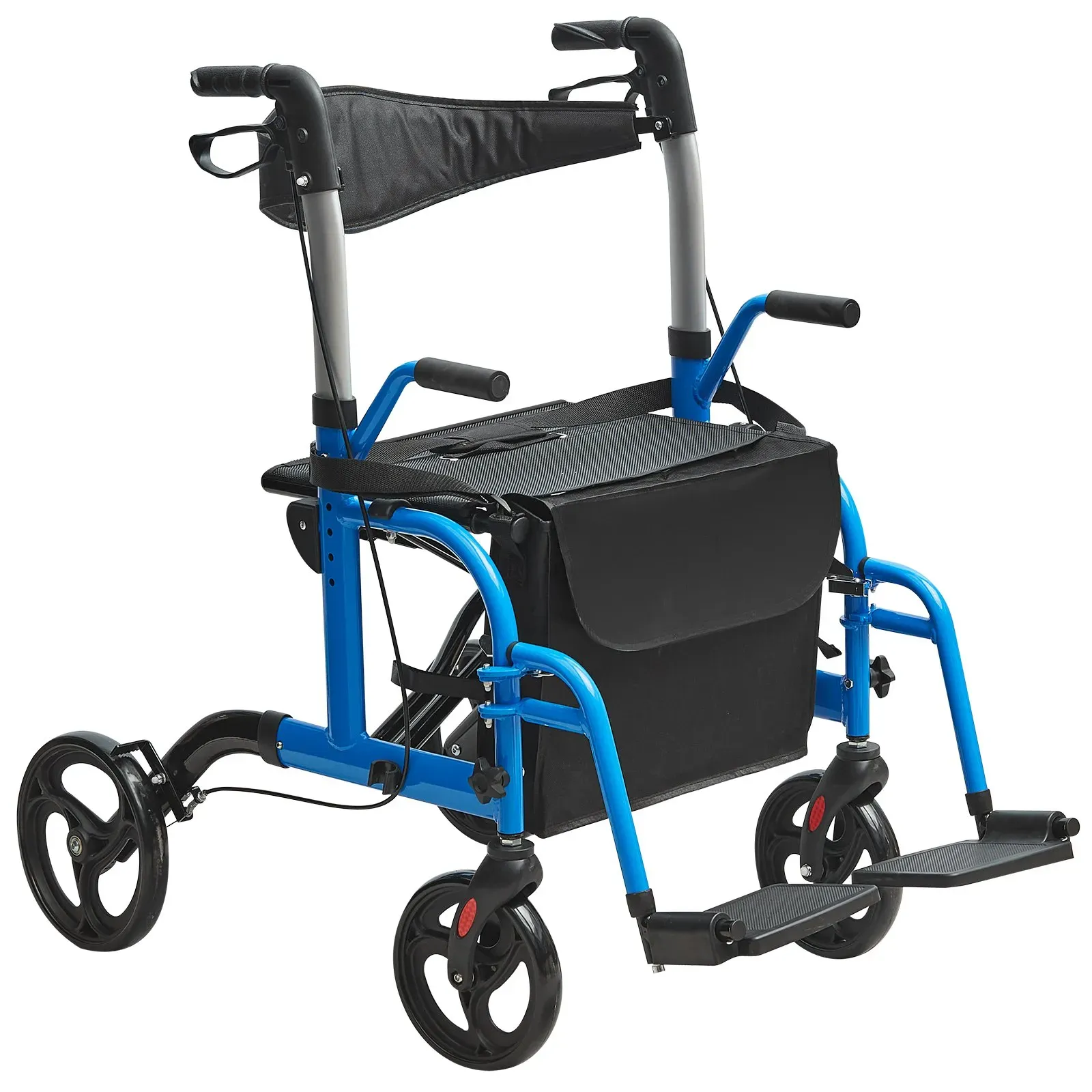 VEVOR 2-in-1 Rollator und Transportstuhl für Senioren zusammenklappbare Rollator-Rollstuhl-Kombination und Fußstützen leichter Aluminium-Rollator mit verstellbarem Griff All-Terrain-Räder 136 kg Blau