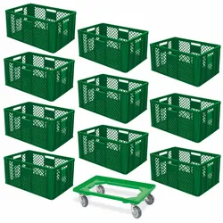 BRB 10 Euroboxen, 600x400x320 mm, lebensmittelecht, grün + Transportroller