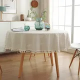 Pair Runde, Fleckenabweisende Tischdecke Aus Beigefarbenem Baumwoll-leinen-mischgewebe Mit Fransen, Waschbar, 120 Cm Durchmesser.