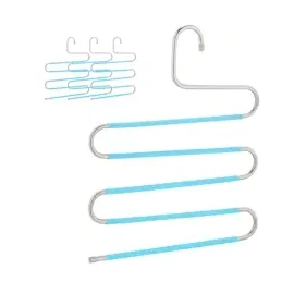 Relaxdays Mehrfach Hosenbügel, 4er Set, S-Form, 5 Stangen, rutschfest, platzsparende Multibügel, Metall, silber/hellblau