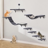 Katzen kletterwand Set mit Katzenbaum Hängematte,Katzenhöhle Wand,Katzenbrücke,Kratzbrett und Kratzbaum - 7-Teiliges Holz Katzenmöbel für Katzen Catwalk (Rauchgrau)