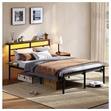 Yaheetech Metallbett Stabiler Bettrahmen mit LED-Beleuchtung & Ladestation, Doppelbett 140 × 200 cm Bettgestell mit Stauraum unter dem Bett
