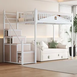 XDOVET Metall-Hochbett,Metall-Sicherheitszaun mit Metallkugel,Fensterdesign,Kletterleiter von links nach rechts austauschbar,Sicherheitsleiter mit Spinden