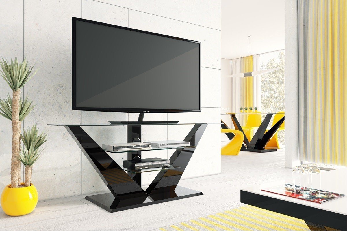 designimpex TV-Rack Design Fernsehtisch HL-111 Hochglanz Glas LED TV Möbel Rack schwarz