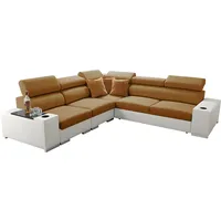 All4All Ecksofa mit Schlaffunktion Seo III - Schlafsofa mit Bettkasten - Sofa L-Form 282x282 cm - Eckcouch - Gewebe mit Kunstleder - verstellbare Kopfstützen - Linke Seite - Gelb/Weiß - Modern 26