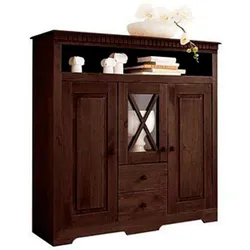 Highboard HOME AFFAIRE "Lisa", braun (dunkelbraun), B:130cm H:125cm T:35cm, Massivholz, Sideboards, Stauraumschrank aus massivem Kiefernholz, mit dekorativen Fräsungen