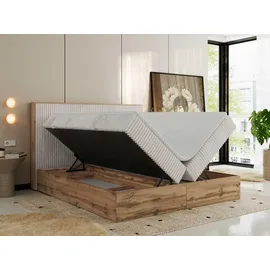 MKS Meble Boxspringbett WOOD CLASSIC, Komplett Set mit Multipocket-Matratze und Topper T25, Doppelbett für Schlafzimmer, hohe Kopfteil - 180 x 200... - Beige
