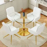 4er Set runder Esstisch aus gehärtetem Glas, 85 cm Durchmesser, goldene Metallkonstruktion, vier weiß-goldene 360° drehbare PolyurethanEsszimmer... - Gold/Weiß