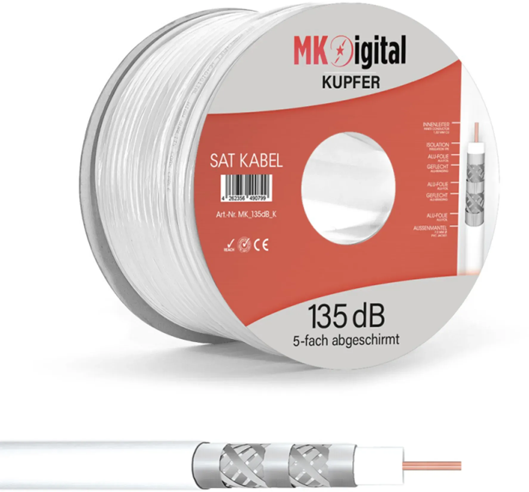 MK-Digital SAT Koaxialkabel 100m Weiß 135dB | Vollkupfer 7mm 5-fach geschirmt für 4K 8K UHD
