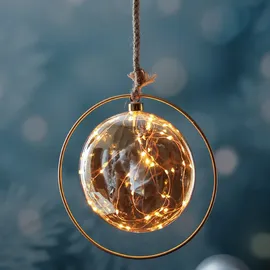 MARELIDA LED Glaskugel im Ring Deko Kugel Juteseil beleuchtet Timer D:26cm gold
