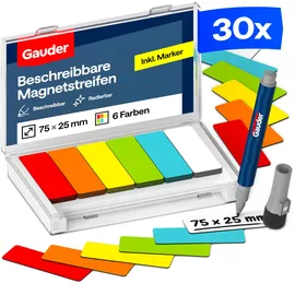 Gauder Magnetetiketten beschreibbar - Wiederverwendbare Magnetschilder zum Beschriften für Whiteboard, Tafel, Kanban-Board und Kühlschrank - Magnetkarten mit Marker (30 Stück - 75 x 25 mm)