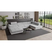 Goldstoff Wohnlandschaft RELAX U Ecksofa mit Schlaffunktion, Kunstleder & Samt, 345 × 205 cm, zwei Bettkästen, verstellbare Kopfstützen grau