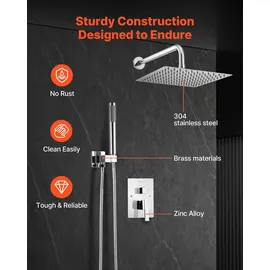 Vevor Duscharmatur Regenduschsystem fürs Badezimmer Duschsystem mit 254 mm quadratischen Regenduschkopf & Handbrause, wandmontierte Badezimmerarmaturen mit Messingventil & Zierset, Silberchrom