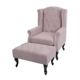 Mendler Sessel Chesterfield, Relaxsessel Clubsessel Ohrensessel, wasserabweisend Stoff/Textil ~ hellrosa mit Ottomane