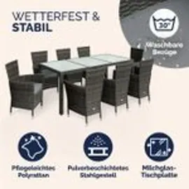 CASARIA Gartenmöbel Set 8 Personen Stühle inkl. 7cm Polster & Abdeckung Tisch 190x90cm 160kg Belastbar Wetterfest Polyrattan Stapelbar Terrasse Möbel Grau