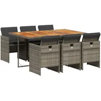 vidaXL 7-tlg. Garten-Essgruppe mit Kissen Grau Poly Rattan