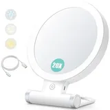 Vergrößerungsspiegel Mit Licht, 20x/1x, Doppelseitig, Tragbarer Kosmetikspiegel, 3-farbige Beleuchtung, Touchscreen Mit Einstellbarer Helligkeit
