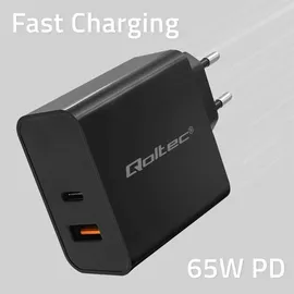 Qoltec Super Quick Pd Ladegerät, 1xusb-c 1xUSB 65W 5-20V 1.5-3.25A Laptop Smartphone Schwarz