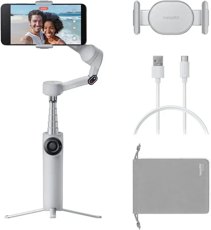 Insta360 Flow 2 Gray, Gimbal for Smartphones – Foldable AI Smartphone Gimbal, AI & Multi-Person Tracking, Integrated Tripod/Selfie Stick, Remote Control, for iPhone/Android, Travel