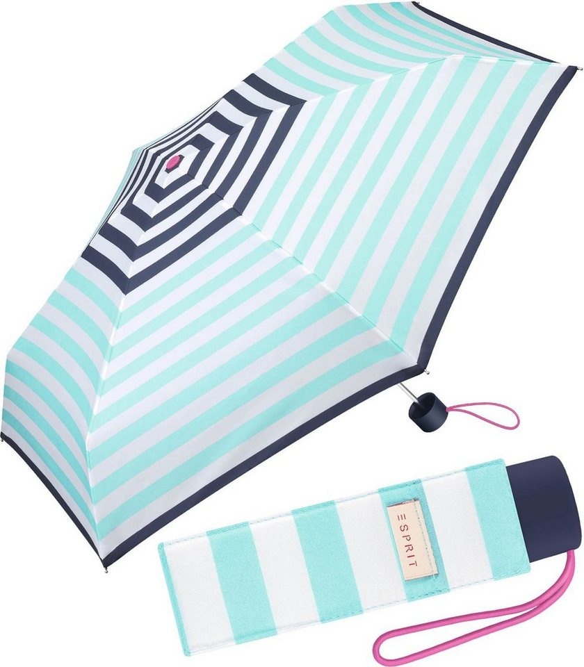 Esprit Taschenregenschirm kleiner, handlicher Schirm für Damen, mit jugendlichem Streifenmuster - navy-hellblau blau|bunt