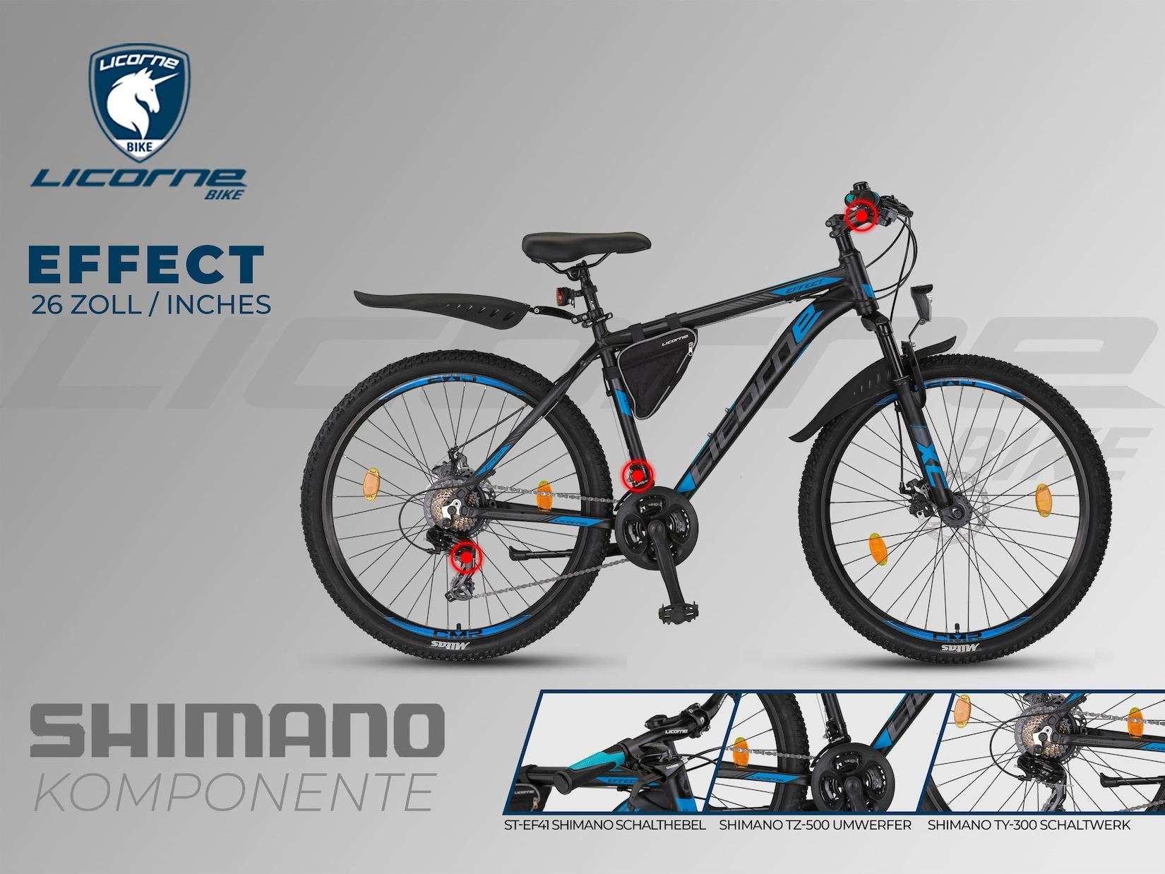 Licorne Bike Effect Premium Mountainbike in 26, 27,5 und 29 Zoll - Fahrrad für Jungen, Mädchen, Herren und Damen - Shimano 21 Gang-Schaltung - Herrenrad