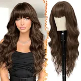 BARSDAR Lange Gewellt Perücke mit Pony, 66cm Lange Gewellt Perücke mit Pony für Damen Haar Replacement Synthetische Haar Perücken Lockige Perücken Natürlich Aussehendes Party - Licht Schokolade Braun